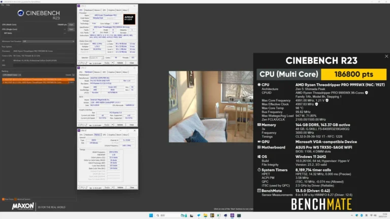 AMD Threadripper PRO 9995WX с разгоном до 5 GHz: 186,800 Cinebench R23