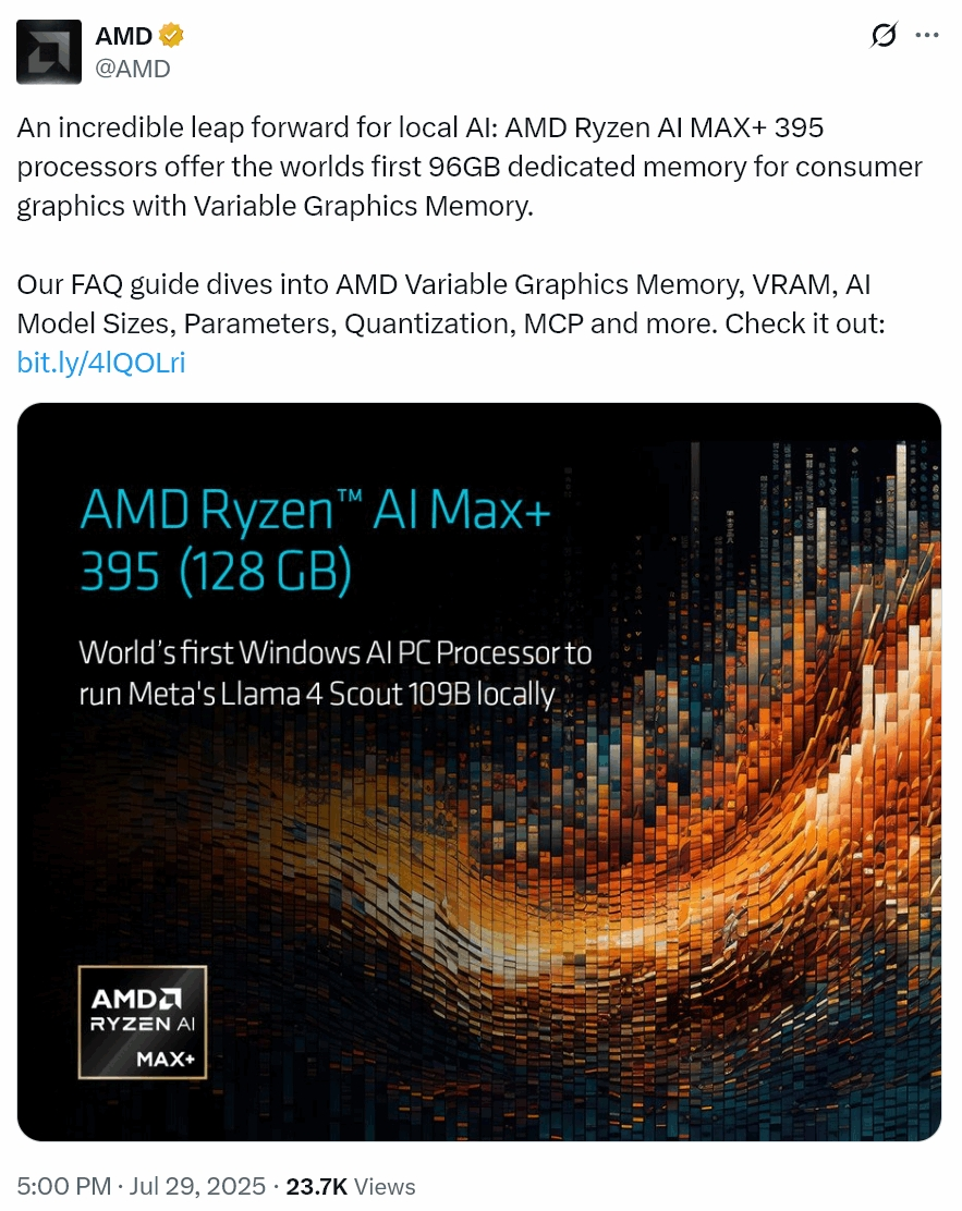 AMD Ryzen AI MAX+ 395 позволяет запускать Native Llama 4 Scout 109B на потребительских GPU