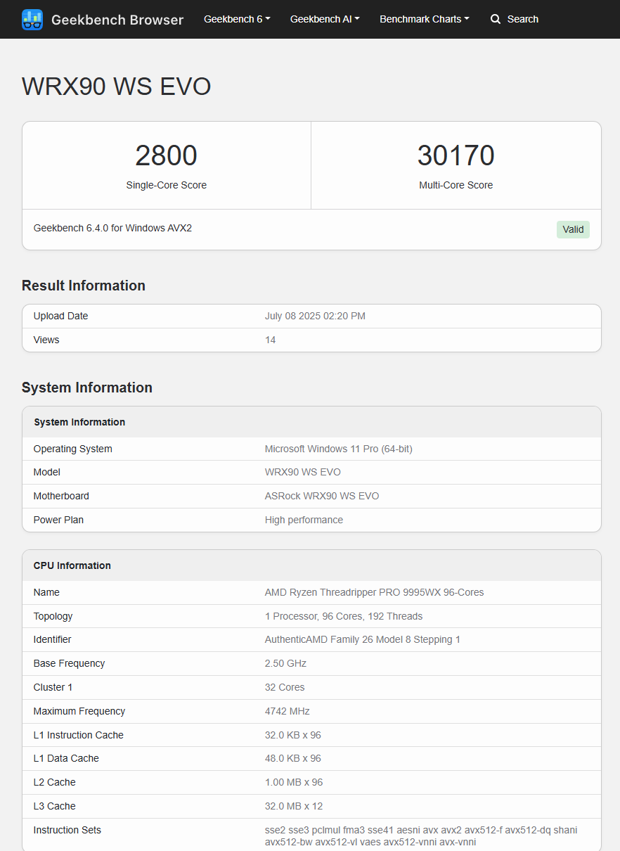 Флагман AMD Shimada Peak Threadripper Pro 9995WX против 7995WX на Geekbench