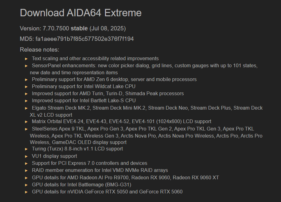 Последний AIDA64 Extreme добавляет предварительную поддержку AMD Zen 6 и Intel Wildcat Lake