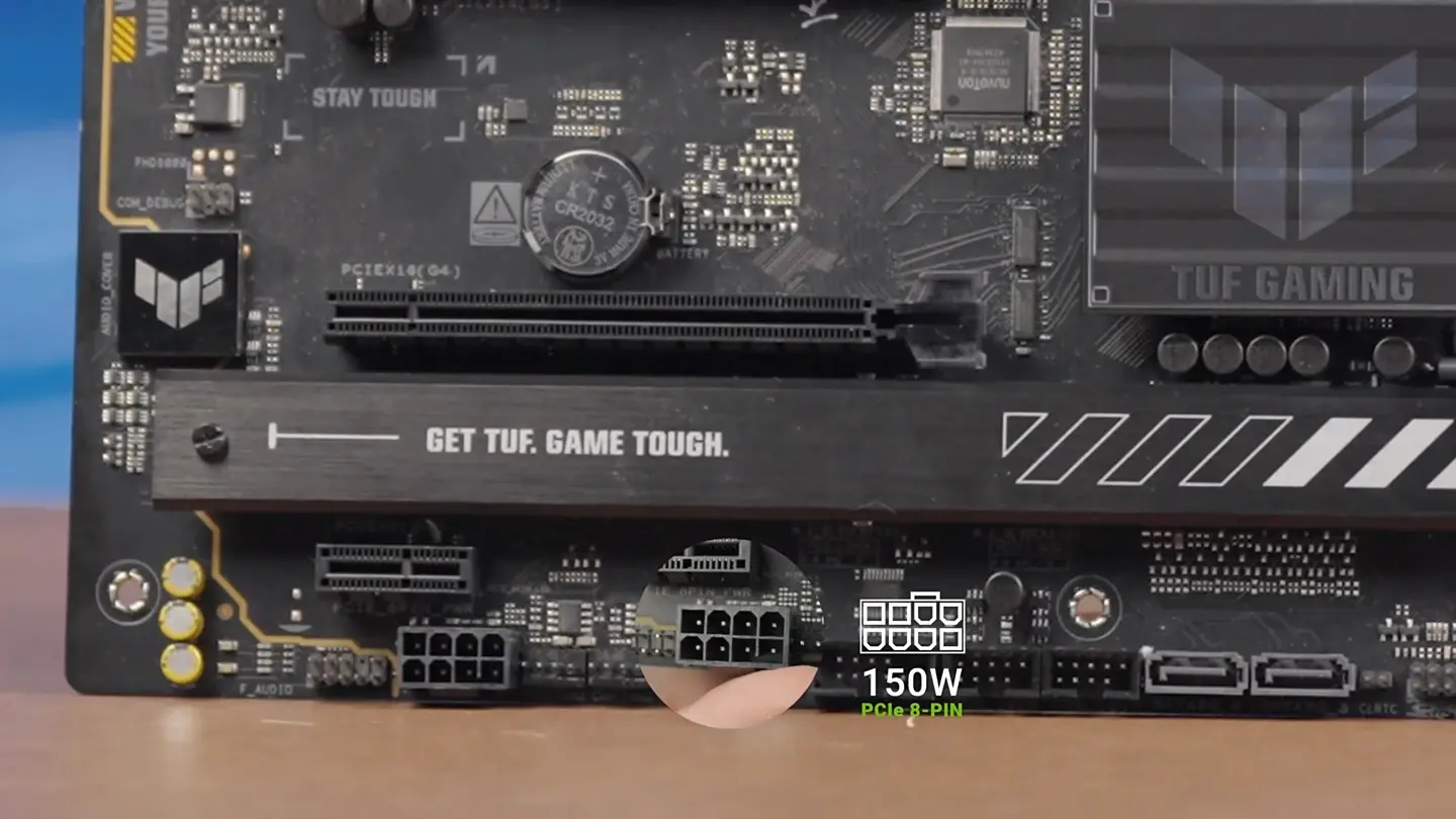 ASUS Concept PCIe слот обеспечивает 250W мощности через фронтальный разъем 5 Чистое и компактное питание GPU без лишних проводов