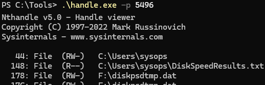 handle.exe — просмотр открытых файлов по PID