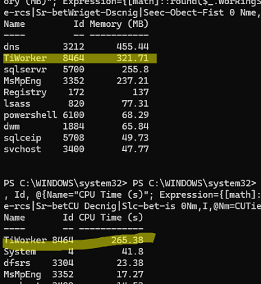 Высокая загрузка CPU и RAM процессом TiWorker