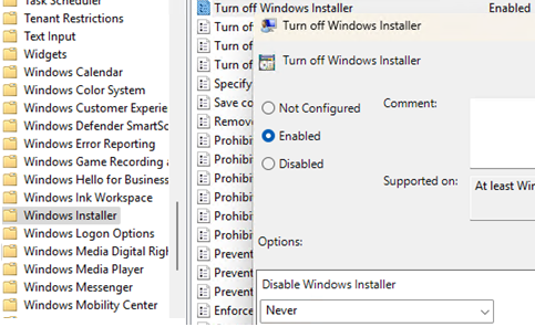 Никогда не отключать Windows Installer через GPO