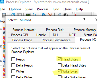 Отображение чтения и записи I/O в Process Explorer