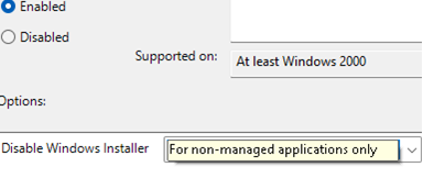 Политика 'Turn off Windows Installer' в Windows Server: по умолчанию For managed applications only