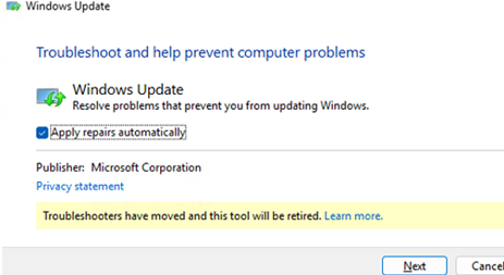 Apply automatic repairs via Windows Update Troubleshooter.
