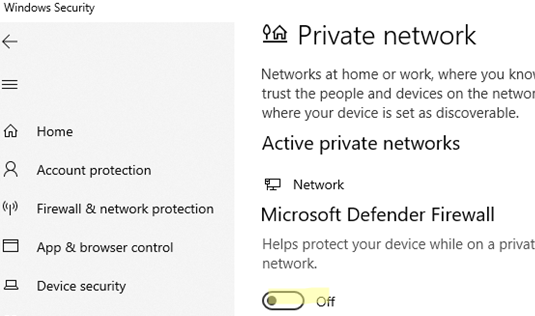 Отключение Microsoft Defender Firewall для сетевого профиля
