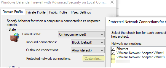 Отключение Windows Firewall для одного сетевого адаптера