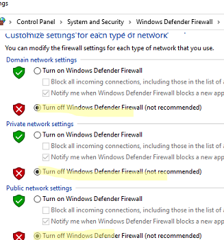 Отключение Windows Firewall для каждого типа сети