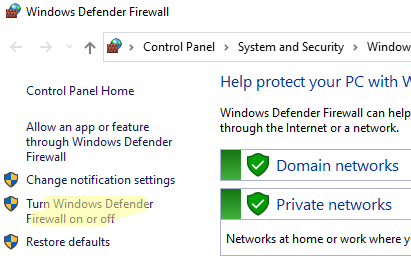 Включение или отключение Windows Defender Firewall