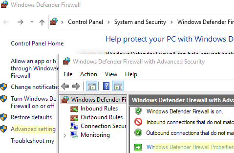 Свойства Windows Defender Firewall