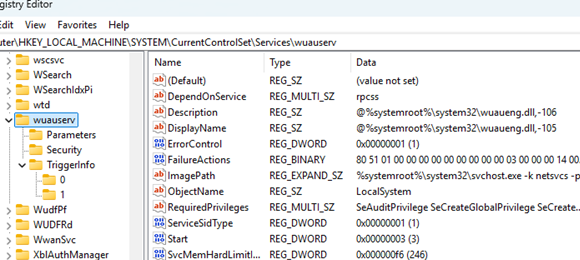 wuauserv service key in registry