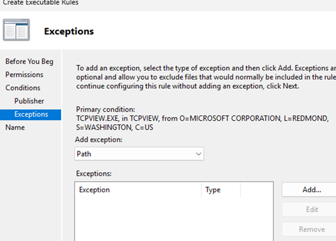 Добавление исключения в правило AppLocker