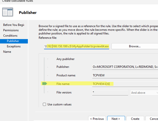 Создание правила контроля приложений для конкретной программы