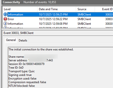 Event ID 30832 The initial connection to the share was established. Transport type: Quic