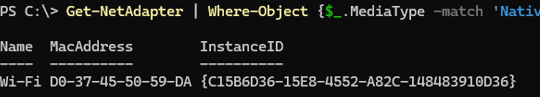 PowerShell: get WiFi adapter MacAddress,InstanceID 