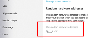 Use Random Hardware Addresses option is greyed out